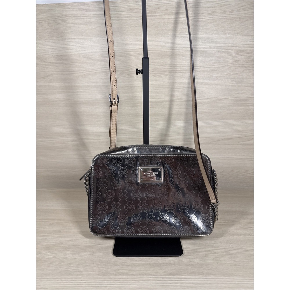 Michael Kors Brown Logo Patent Metallic Leather Silver Chain Jet Set CrossbodySm